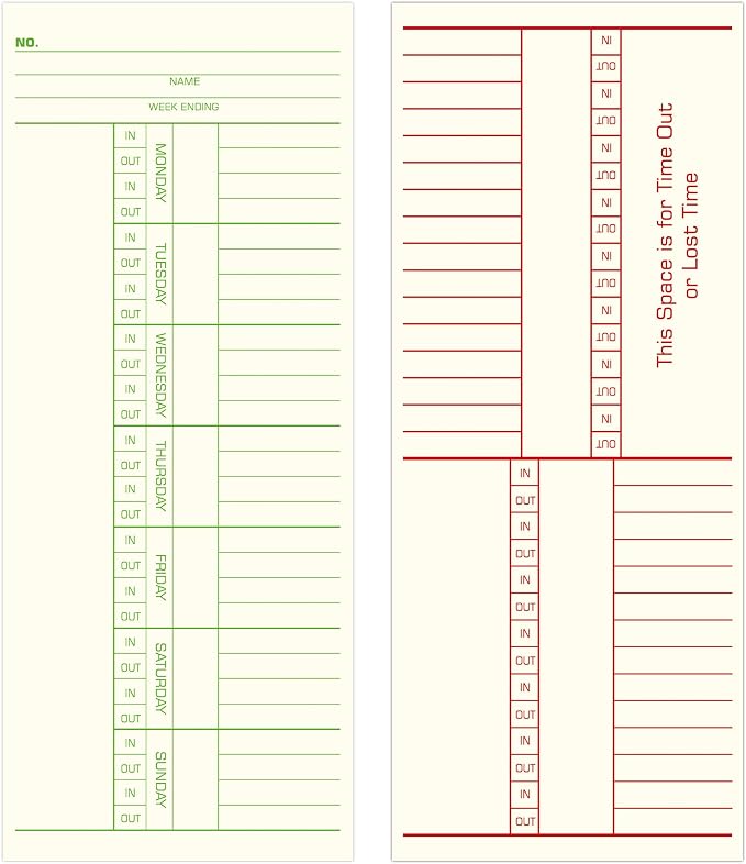 Weekly Time Cards 2-Sided, Named Days, 3-3/8" x 8-1/4", 500-Count, Time Cards for Employees, Green/Red Print, Timecards for Time Clocks