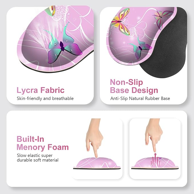 Pink Butterfly Desk Mat, Florals 4 in1 Large Gaming Mouse Pad Set, Ergonomics Keyboard Pad with Memory Foam Wrist Rest, Extended Game Mousepad Non-Slip Desk Protector Matt Easy Typing Pain Relief