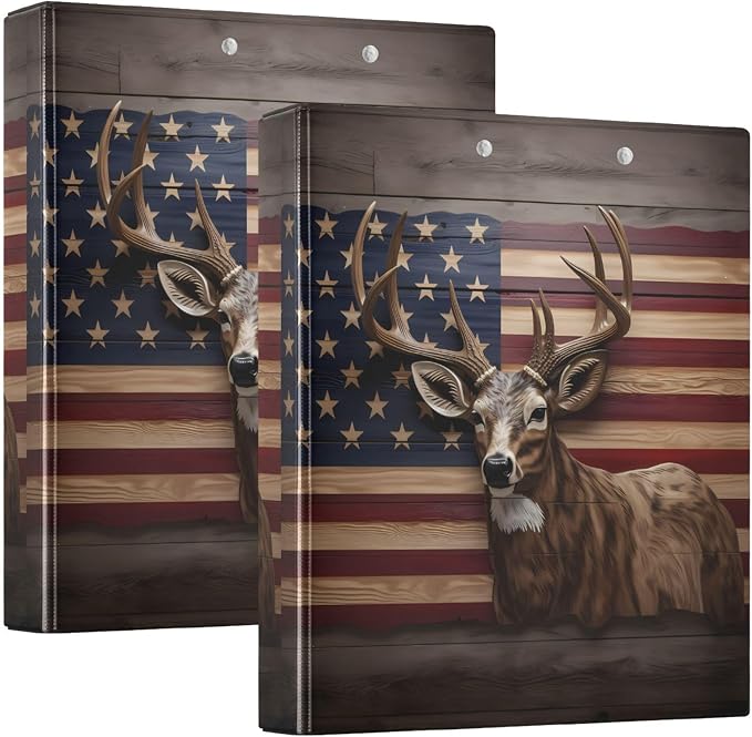 3 Ring Binder, American Flag Deer File Folder Holds 200 Sheets File Storage for Women Men School Office Supplie