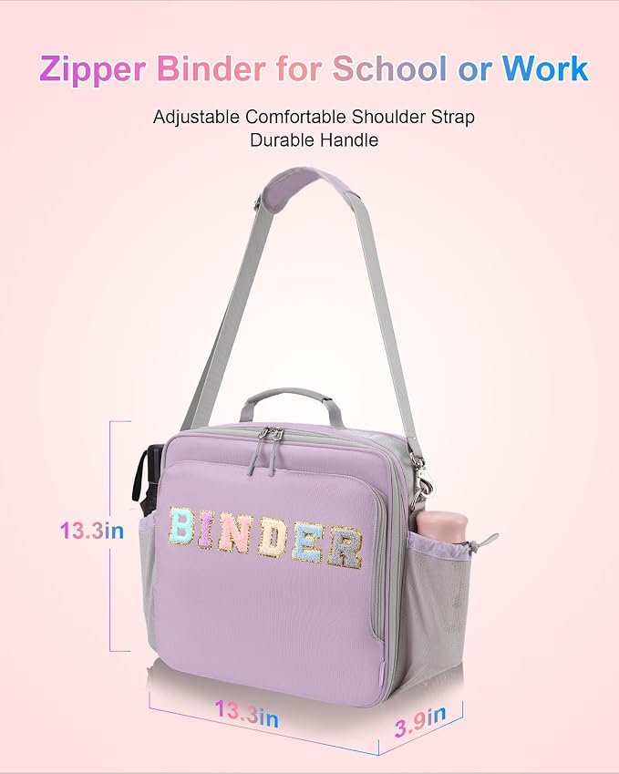 3 Ring Zipper Binder 3 Inch D Rings with Double Water Bottle Holder | Cute Initial Water-Resistant Zip Up Binder for School Office, 700-Sheet Capacity & Shoulder Strap & Laptop Pocket, Purple