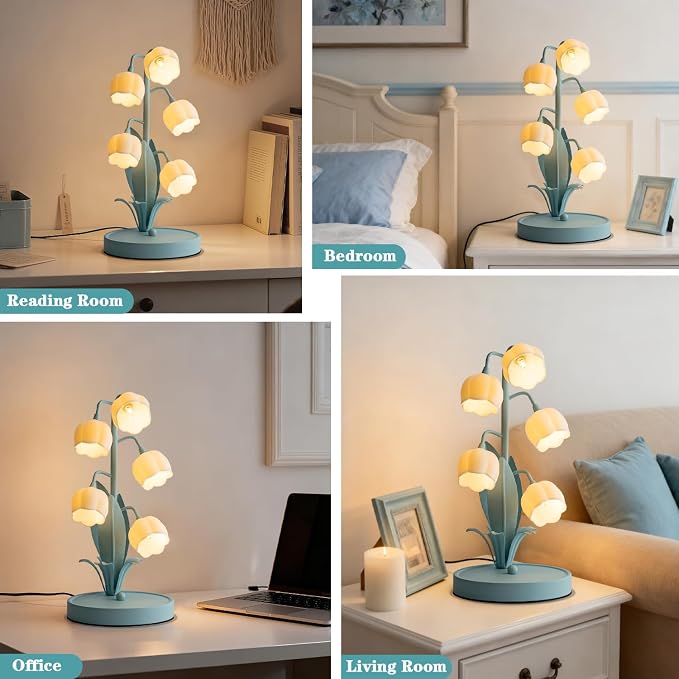 WERFOP Flower Table Lamp, Lily of The Valley Lamp for Bedside Accent 3 Color Modes Cottagecore Soft Reading Night Light for Bedroom, Corner, Dorm, Entrance Home Vintage Decor (Powder Blue)