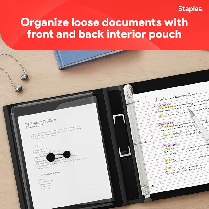 Staples Heavy-Duty 1.5-Inch D-Ring Binder, Black, Holds 400 Sheets | Large-capacity 3-ring binder for school and office document storage.