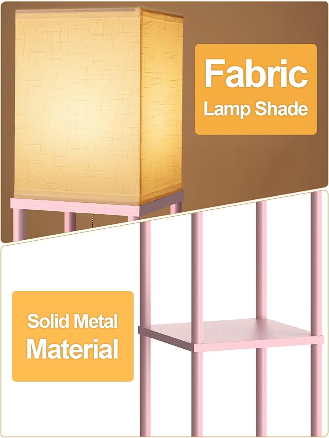 Pink Floor Lamp with Shelves for Living Room, Shelf Floor Lamp with 3 CCT LED Bulb, Corner Display Standing Column Lamp Etagere Organizer Tower Nightstand with White Linen Shade for Bedroom, Office