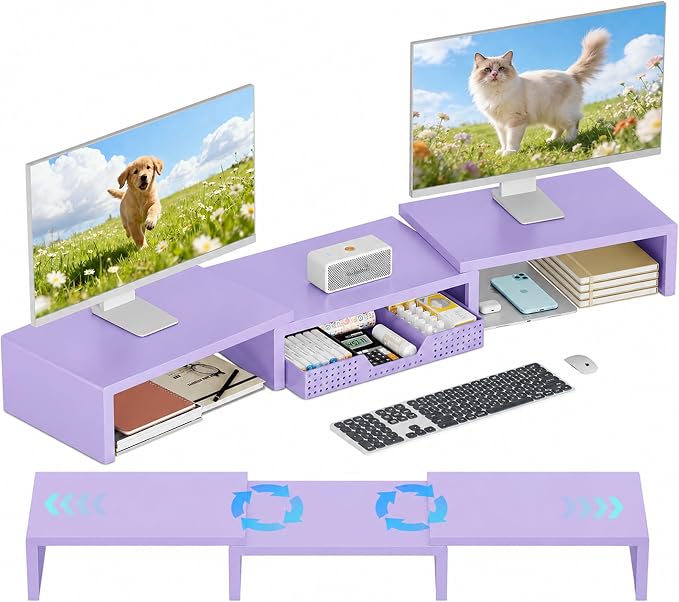 Dual Computer Monitor Stand Riser, Desk Organizer with Drawer, Office Desk Accessories & Workspace Organizers for Home Office Supplies, Purple