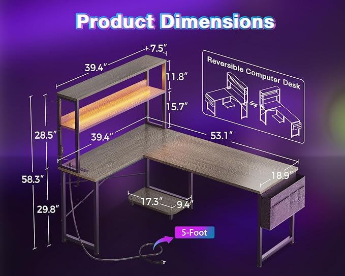 AODK L Shaped Desk Gaming Desk with LED Light & Power Outlet | 53 Inch Grey Oak Reversible L Shaped Computer Table with Shelf & Storage Bag & Hook for Home Office