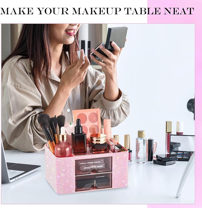 MotiMind Pink Bling Desk Organizer with 2 Drawer, Sparkly Makeup Organizer for Vanity, Girly Desk Accessories, Rhinestone Pen Holder, Elevate Your Workspace with Pink Serenity (Diamond)
