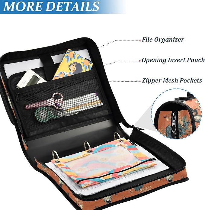 Western Desert Boho Cow Skulls Zipper Binder with Shoulder Strap Trapper Keeper 3 Ring Binder Organizer Large Capacity Multiple Compartments for School Office