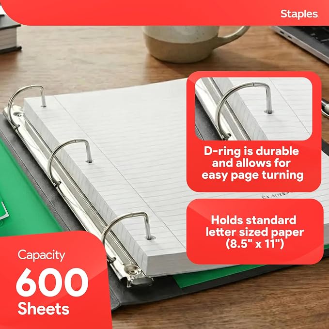 Staples Heavy-Duty 3-Inch D-Ring Binder, Green, Holds 600 Sheets | Large-capacity 3-ring binder with pockets for document storage.