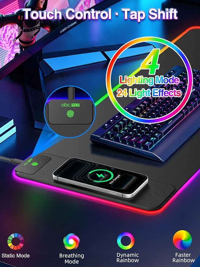 RGB Gaming Mouse Pad with 15W Magnetic Wireless Charging, 31.5'' x 11.8'' | Extra Large LED Mousepad, 24 Lighting Effects Desk Mat with Non-Slip Rubber Base, Waterproof Ultra-Smooth Surface