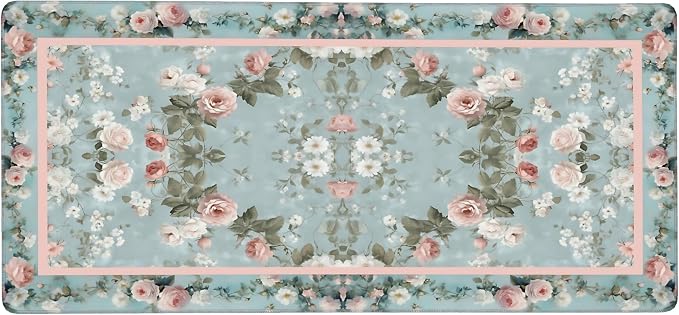 Floral Aesthetic Rose Gaming Mouse Pad, Muted Green Rug Desk Mat with Anti-Slip Base & Stitched Edges,35.4" x 15.7" in Desk Accessories for Women, Home Office Decor & Artistic Gift