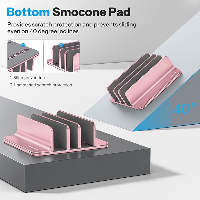OMOTON 3-Slot Multiple Vertical Laptop Stand, Fits MacBook, Rosegold | Adjustable Width 0-1.38", Aluminum Office Space-Saving for Desk, Fits MacBook/Book/iPad Up to 17.3in