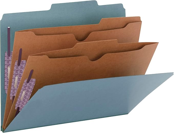 Smead Pressboard Classification File Folder with SafeSHIELD Fasteners, 2 Pocket Dividers, 2" Expansion, Letter Size, Blue, 10 per Box (14081)