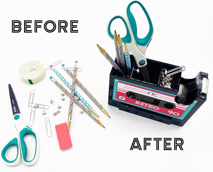 FTC 80's Cassette Tape Dispenser & Pen Supply Holder - Funny Supplies & Desk Accessories for Home, School, Office for Men & Women - 6.70'' x 1.98'' x 4.53'' (Retro)