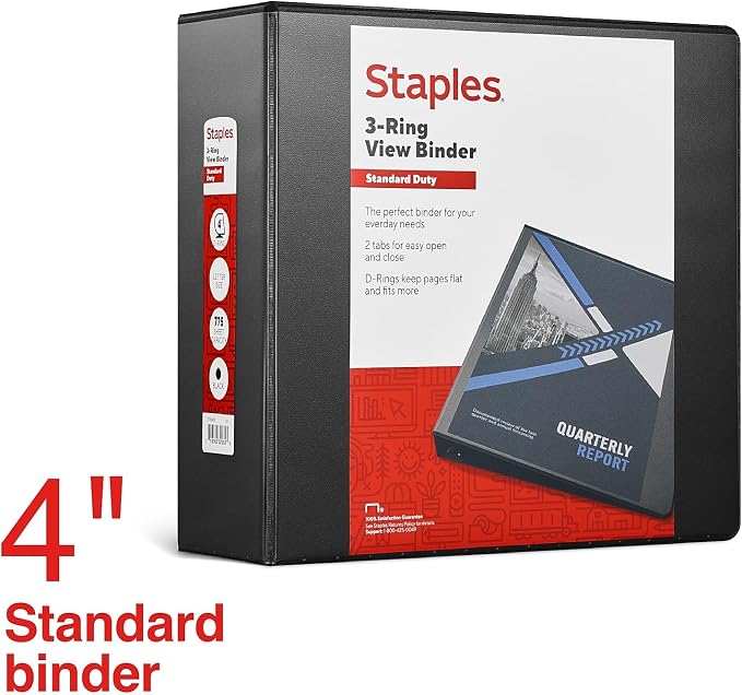 Staples Standard 4-Inch D-Ring View Binder, Black, 775 Sheets | Large-capacity binder for office and school document storage.