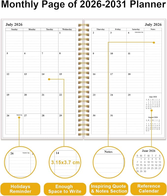 2026-2031 Monthly Planner - 60 Month PLanner Calendar from August 2026 to June 2031, 5 Year Planner 2026-2031 with Flexible Cover, Inner Pocket, Perfect for Home | School | Office, 5.8" x 8.5", Crushed Flower