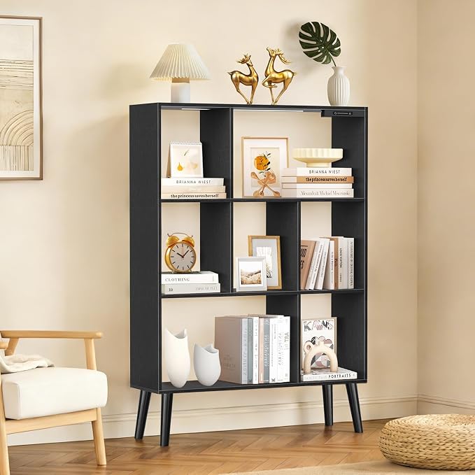 7-Cube Bookshelf with LED Lights, Touch & Remote Control, Freestanding Open Bookcase Storage Shelf, Dimmable Modern Wooden Display Organizer with Legs for Living Room, Bedroom, Office(Black)