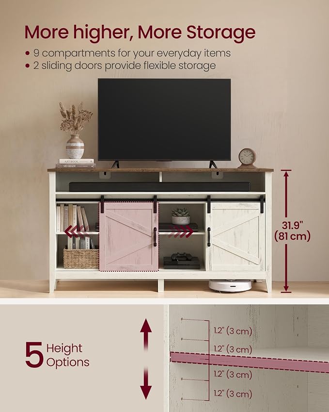 VASAGLE Tall Farmhouse TV Stand, Entertainment Center with Barn Doors, Storage Media Console Table for Living Room, 58.3 x 15.7 x 31.9 Inch, Rustic White and Honey Brown, LIRY Collection ULTV031W101S