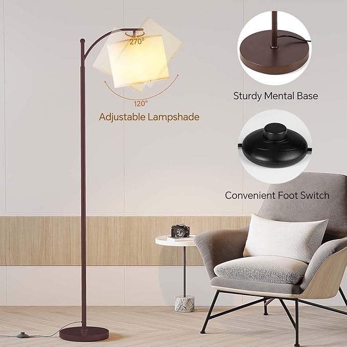 SUNMORY Arc Floor Lamp, Modern Floor Lamp with 9W 3 Color Temperatures Bulb | Metal Standing Lamps with Adjustable Hanging Lampshade, Tall Floor Lamps for Living Room, Bedroom, Office, Brown