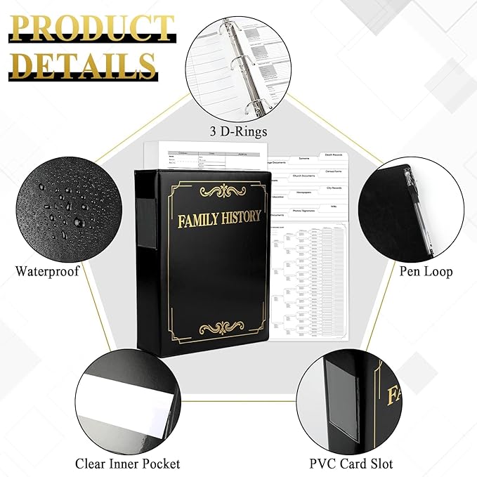 Family History Binder 3 Ring 50 Families Group Sheets 8th Generation Family Tree Chart 16 Sheets Genealogy Binder Black Cover Genealogy Organizer Supplies with Pen Loop PVC Pocket for Families History