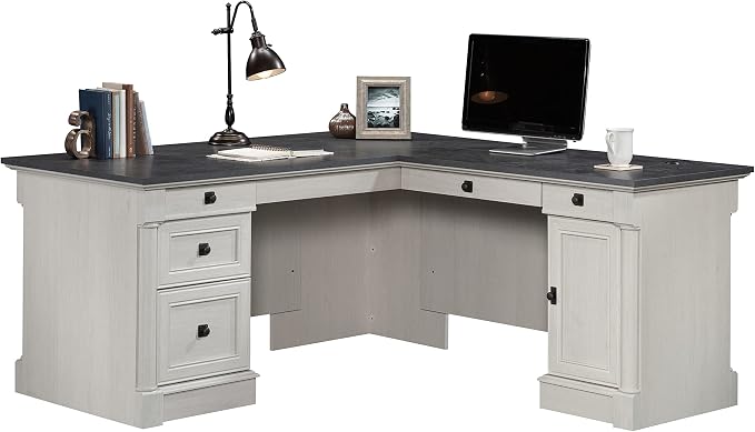 Sauder Palladia L Shaped Desk with Drawers, Office Desk with File Cabinet Storage, Cable Management, Keyboard Tray, in Glacier Oak Finish