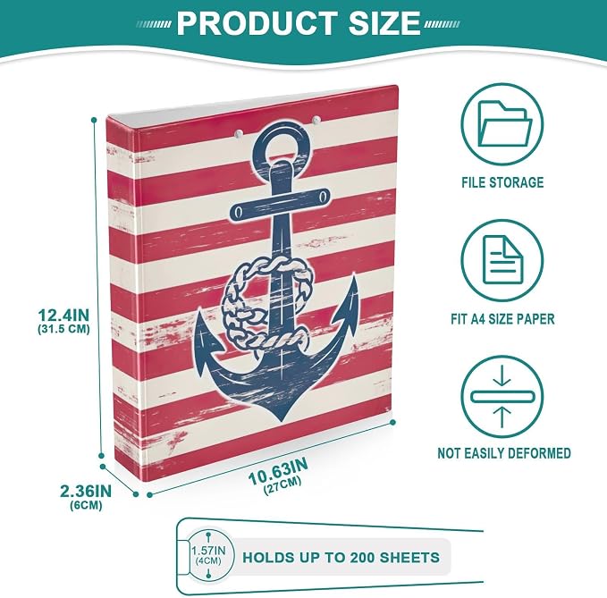 SPRIPORT Red Stripe 1.5 Inch 3 Ring Binder Holds 200 Sheets for Office Supplies Durable PVC Round Ring Binder with Interior Clear Pockets Clipboard Binder for Home Work Man Woman