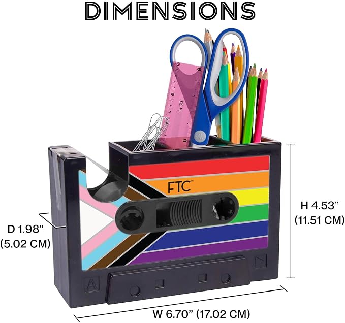 FTC Cassette Tape Dispenser, Retro Desk Organizer & Pen Holder – Fun Novelty Office Supplies for Home or Office 6.7” x 2” x 4.5” (Progress Pride Flag)