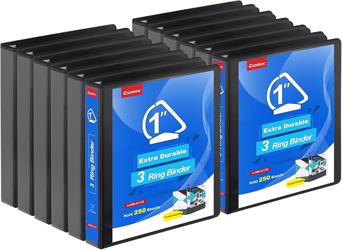 COMIX Heavy Duty Slant-D Ring View Binder, 1 inch 3 Ring Binders, Hold 225 Sheets of 8.5" x 11" Paper, 12 Pack (Black)