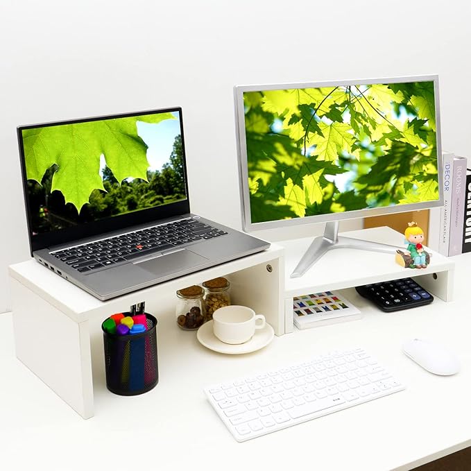 TEAMIX 2-Pack White Monitor & Laptop Stand Riser, High-Low Dual Monitor Set | Stacked/Separate Use, Adjustable Computer Stand for 2 Monitors, Holds 80Lbs, Wood Desk Organizer, for Home Office, Gaming