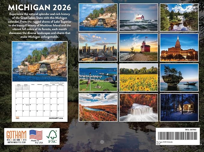 Michigan Calendar 2026 Wall 12 Month Monthly MI Scenic Souvenirs Michigander Themed Gifts | American Made In The USA