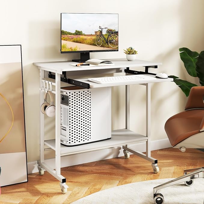 GIANTEX Rolling Computer Desk, Mobile Portable Desk with Keyboard Tray & Wheels, Laptop PC Table Cart with Shelf & Hooks, Industrial Small Desk for Small Spaces, Home Office, Bedroom, White