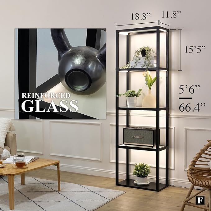 LED Display Shelf with Lights – Glass Display Cabinet for Collectibles with Dimmable Lighting, App & Remote Control – 66” Curio Shelf Floor Lamp with Adjustable Color Temps – FENLO Fantasy Plus Pro
