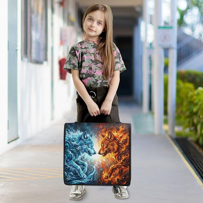 Fire Ice Wolf Pattern 3 Ring Zipper Binder with Shoulder Strap & Handle 2 Inch D-Ring Zippered Binder Bag with Multiple Pocket & Pencil Pouch, Binder Organizer for School or Office