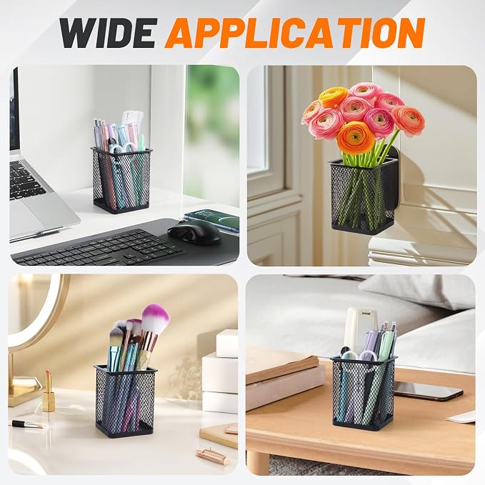Segarty Pen Cup Holder, 6 Pack Square Black Pen Holder for Desk, Metal Mesh Pencil Cups Bulk for Office Supplies, School Classroom, Desktop Accessories, Makeup Brush
