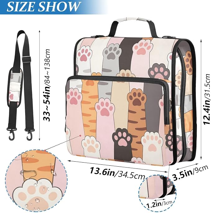 Cute Paw Prints 3 Ring Binder Bag 1.5 inch Binder Organizer with Zipper Shoulder Strap 500 Sheet Documents Storage for School Office