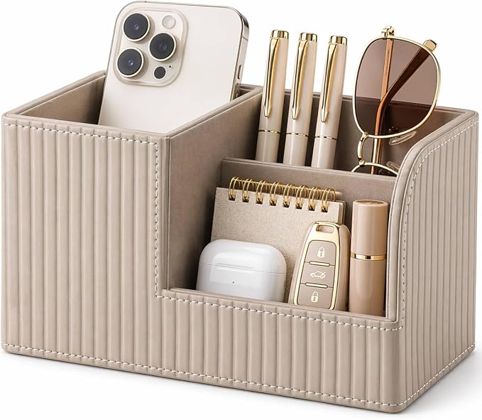 Desk Pen Organizer Office Supplies Caddy Pu Leather Multi-function Storage Box Pen/Pencil,Cell phone, Business Name Cards Remote Control Holder (Mocha Beige)