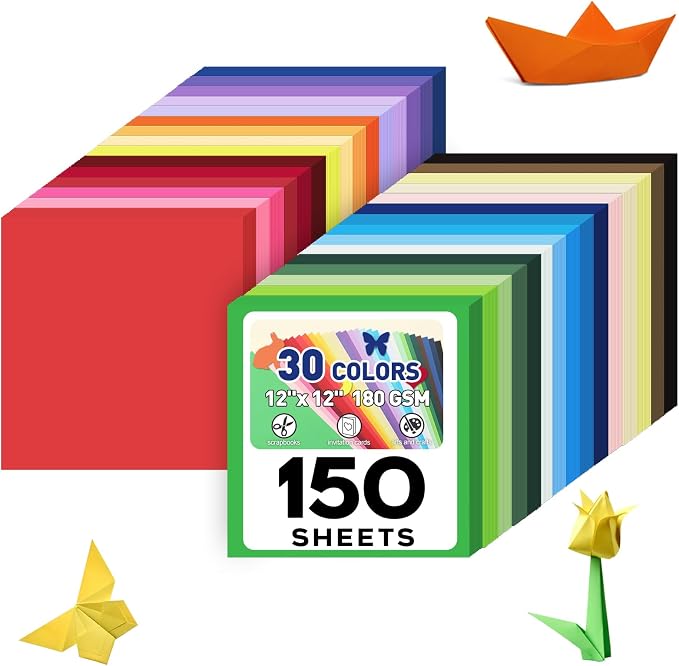 MAXECHO 12" X 12" Colored Cardstock Bulk 150 Assorted Sheets in 30 Colors Construction Paper Card Stock Printer Paper for DIY Crafts, Kids School Supplies, Cricut, 180 GSM