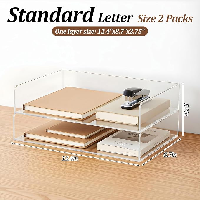 2 Pack Clear Acrylic Stackable Paper Letter Tray Organizer Desktop File Organizer for Office Workspace Document Storage, 12.4x8.7x2.75 Inch