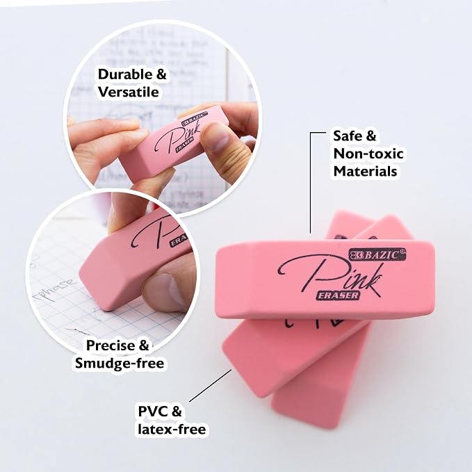 BAZIC Products Pink Bevel Block Erasers, Latex-Free, PVC-Free, 24-Box