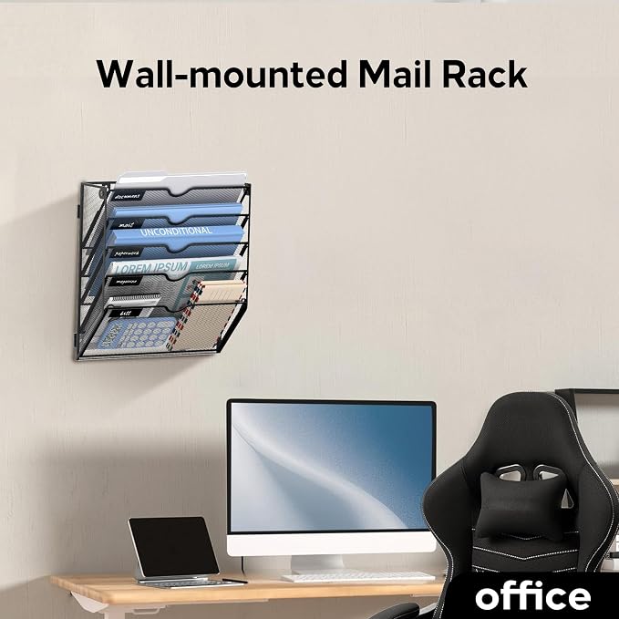 5-Tier Wall File Organizer and Hanging File Organizer, Black | Wall Organizer and Wall Mounted File Holder with 5 Pockets and Label Panels for Files, Mail, Folders, Magazines and Paper