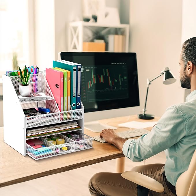 Wooden Desk Organizer - Mesh File Organizer with Drawers and Pen Holder - 4-Tier Vertical Paper Letter Storage Tray, Desktop Organizers and Accessories for Home Office （White