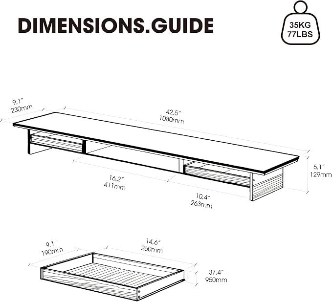 Fenge 42.5-Inch Monitor Stand with 2 Flexible Drawers, White | Metal Shelf, Solid Wood Accents, Clear Acrylic Legs, Modern Desktop Organizer for Dual Monitors, Laptop & Printer