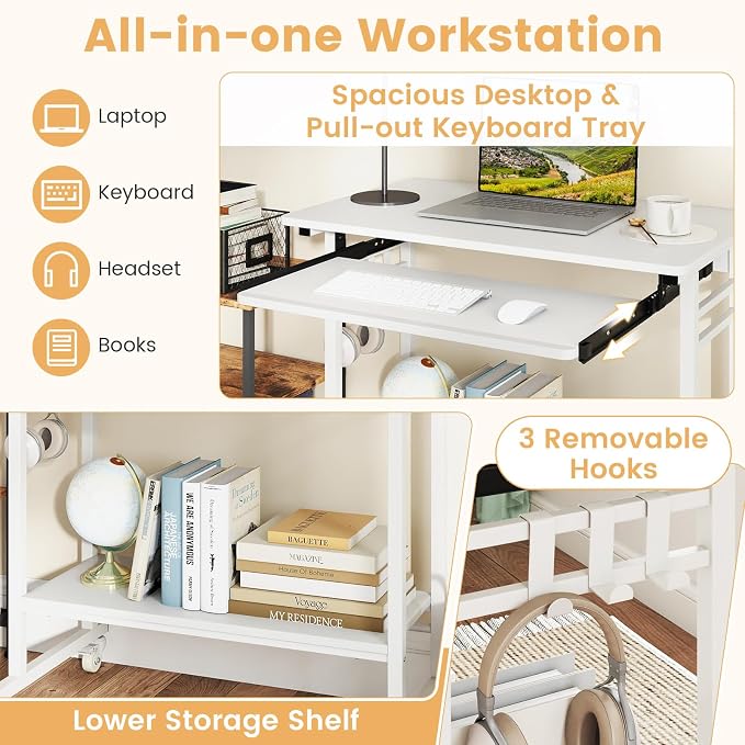 GIANTEX Rolling Computer Desk, Mobile Portable Desk with Keyboard Tray & Wheels, Laptop PC Table Cart with Shelf & Hooks, Industrial Small Desk for Small Spaces, Home Office, Bedroom, White