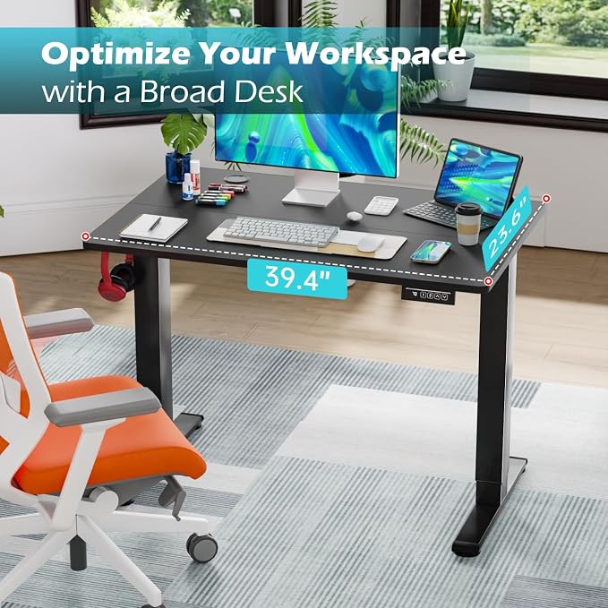 PayLessHere 40 Inch Electric Standing Desk Computer Desk with Large Space and Headphone Holder Office Desk with Electric Lifting and Memory Function (40 inch, Black)