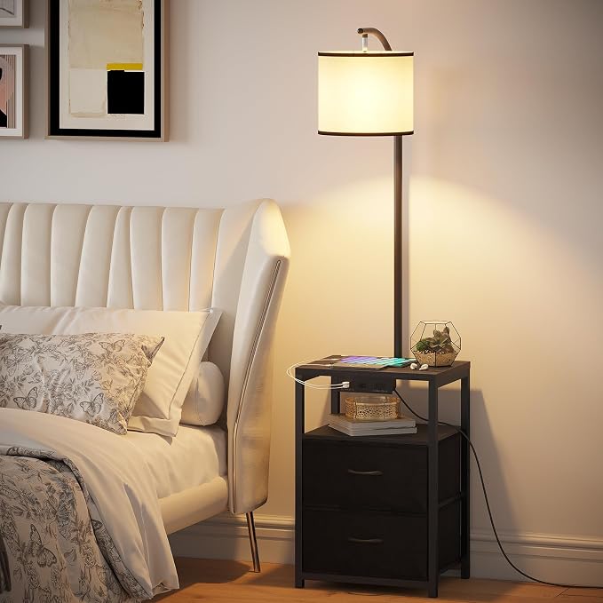 SUNMORY Floor Standing Lamp with Table & 2 Drawers, USB & AC Charging Port | 3 Color Temperature LED Bulb, Modern Nightstand for Bedroom, Shelves End Side Table Lamp for Living Room Home Office, Black