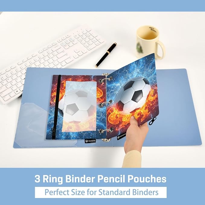 Soccer Ball Football Fire Water Pencil Pouch for 3 Ring Binder, 2 Pack Waterproof Pencil Bags Clear Window Pencil Case Zipper School Office Supplies