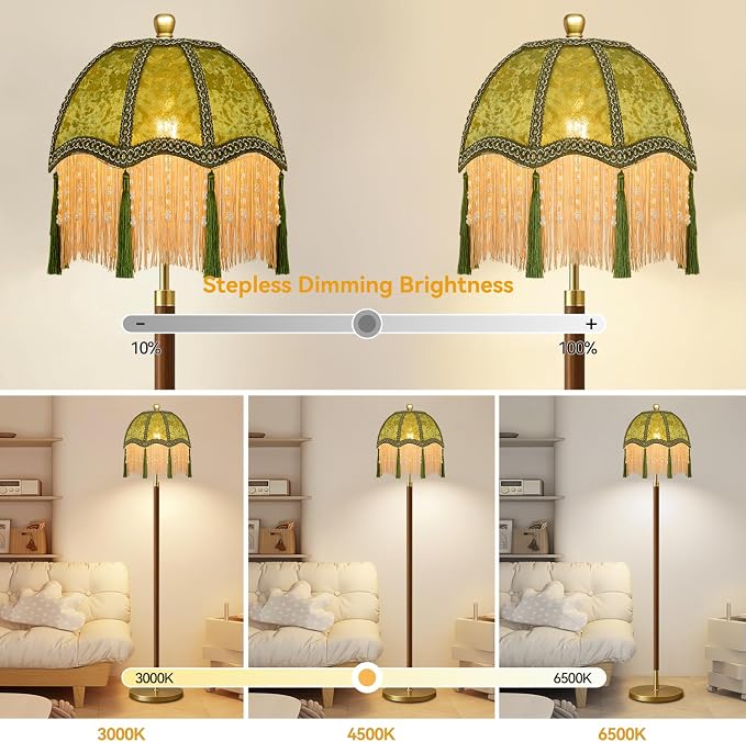 Wood Floor Lamps for Living Room Vintage Floor Lamp with Remote Control & 3 Color Temperature,Dimmable Floor Lamp Mid Century Modern Standing Lamp Green Fringe Tall Floor Lamp for Bedroom Corner