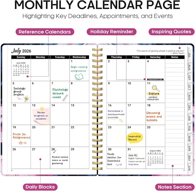 Taja Planner 2026-2027, Jul 2026-Jun 2027 Monthly & Weekly Calendar Planner | 6.3" x 8.5", Hardcover Academic Calendar, Teacher Student Agenda Book with Tabs, School Office Supplies, Pink Vortex
