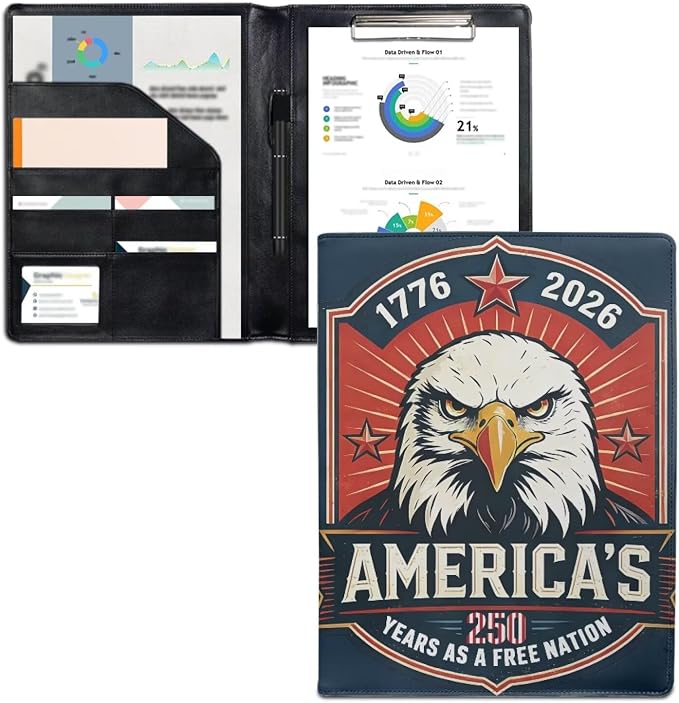 Dreaweet America's 250 Years Leather Portfolio Case Retro Patriotic Badge Padfolio Cover Conference/Resume/Legal Document Organizer with Letter/A4 Size Clipboard,Business Card Holders