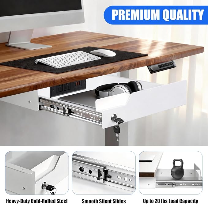 Under Desk Drawer Storage with Lock, Metal Undermount Table Drawer, Ball Bearing Slides Out Tray Organizer for Paper, Pencil, and Laptop,16"x11.8"x3.6", White With Power Strip