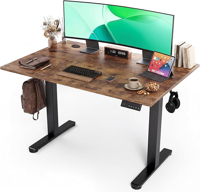 Claiks Electric Height Adjustable Standing Desk, 40x24 Inch, Rustic Brown | Smooth Height Adjustment, 3 Memory Presets, Cable management hub & hook, Stable Steel Frame, 156 lbs Capacity, Easy Assembly